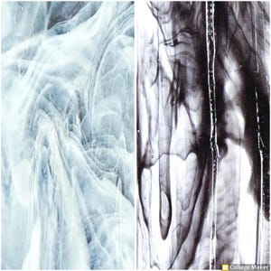 May include: Abstract art print with two panels, one with swirling white and blue patterns and the other with black and white patterns.