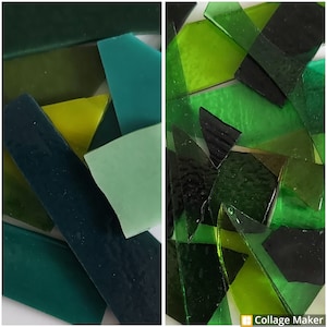 May include: Assortment of green, blue, and black glass pieces in various shapes and sizes. The glass pieces are arranged in a random pattern.