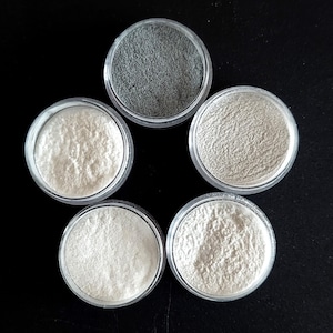 COE90 POWDER GLASS FRIT - &quot;Gray Scale&quot; 5 color Sample Set- 5 colors/1 oz. per color. Bullseye Glass. 5 shades of Neutral Grays & Black