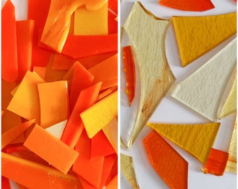 COE 90 Fusible Scrap Glass: "Orange Opal Mix" or "Orange Transparent Mix" Bullseye glass. 8 oz. in your choice of 5 different size options.