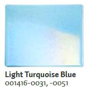 May include: A square, light turquoise blue glass tile. The tile has a glossy finish and rounded edges. The text "Light Turquoise Blue" is printed below the tile, along with the numbers 001416-0031, -0051.