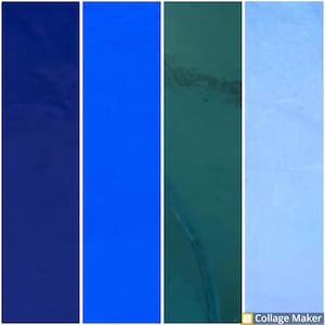 May include: A vertical image collage with four different shades of blue. The first shade is a dark blue, the second is a bright blue, the third is a dark teal, and the fourth is a light blue.
