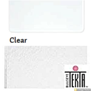 May include: A clear, rectangular object is shown at the top of the image. Below, a textured white surface is visible, with the word "Clear" printed in black. The Tekia Bullseye logo is in the bottom right corner.