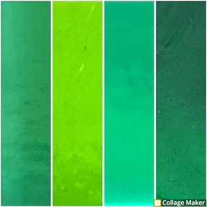 May include: Four vertical swatches of green paint, ranging from a dark forest green to a bright lime green.