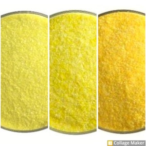 May include: Three glass jars filled with yellow glitter. The glitter is a fine, sparkly texture. The jars are clear and have a white background.