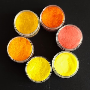 COE 90 POWDER FRIT  &quot;Sunset&quot; Sample Set- 6 colors/1 oz. per color. Bullseye Glass Coe 90.  Beautiful Opal Reds, Yellows & Oranges.