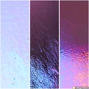 May include: Abstract image with three vertical panels. The left panel has a light blue and white gradient with a textured appearance. The center panel is dark purple with blue highlights. The right panel is a gradient of purple and orange.