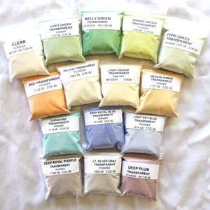 TRANSPARENT POWDER FRIT -&quot;Envision It&quot; Sample Set.*15 colors/1 oz. per color. Bullseye Glass Coe 90. Experiment w/ new colors with this set