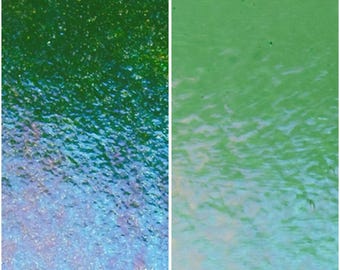 May include: Two-panel image with abstract textures. The left panel transitions from dark green to blue, with a shimmering, water-like effect. The right panel shows a similar texture, shifting from light green to white, also with a watery appearance.