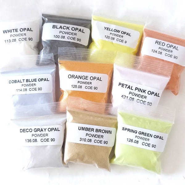 POWDER GLASS FRIT - "The Basics" 10 color Sample Set. Bullseye Glass *Coe90*.  10 colors/1 oz. per color. Great introduction to using Frit.