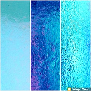 May include: A collage of three vertical panels with textured surfaces. The left panel is light blue, the center is deep blue with purple hues, and the right panel is a lighter turquoise. The textures appear like rippling water or fabric.