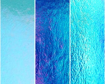 BLUE IRIDESCENT Transparent COE 90 Bullseye glass sheets. 3mm. Used in kiln fired fused glass art, stained glass art. 5"x5" 5"x7" 10"x10"