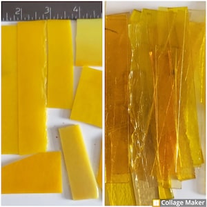May include: Assortment of yellow glass pieces, some with a translucent quality, arranged on a white surface. The pieces are various shapes and sizes, including rectangular, square, and long strips.