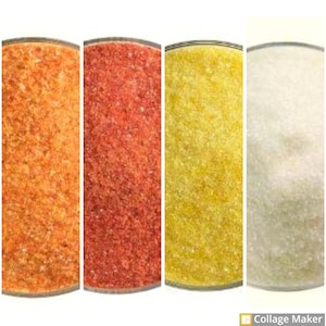 May include: Four bowls of colorful sugar crystals. The bowls are arranged from left to right: orange, red, yellow, and white.