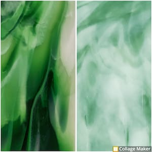 May include: Two close-up images of green marble with swirling patterns. The first image shows a darker green with a white vein running through it. The second image shows a lighter green with a more cloudy pattern.