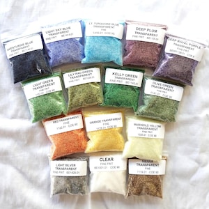 TRANSPARENT FINE FRIT -&quot;Dream It&quot; Sample Set.*15 colors/1 oz. per color. Bullseye Glass Coe 90. Experiment with new colors with this set.