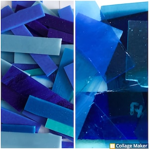 May include: Assortment of blue and purple glass tiles in various shapes and sizes. Some tiles are rectangular and others are irregular. The tiles are arranged in a random pattern.