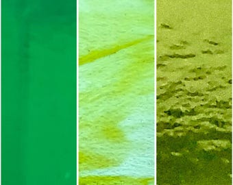 90 COE "GREEN TRANSPARENTS" Bullseye fusible glass. 3mm. Choice of 3 Colors. Used fused glass/stained glass art. 10"x10" 5"x7" 5"×5"