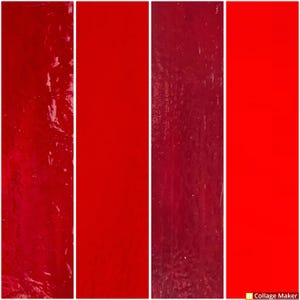 May include: Four vertical strips of red paint, each with a slightly different texture and shade of red. The strip on the left has a glossy, wet look, the middle strip is a solid, flat red, the third strip has a textured, slightly darker red, and the strip on the right is a bright, vibrant red.