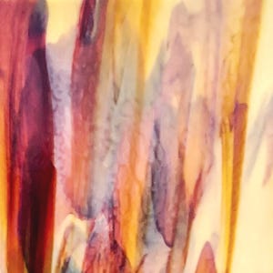 May include: An abstract painting featuring vertical brushstrokes in shades of deep magenta, vibrant orange, soft lavender, and pale yellow. The colors blend into one another with a fluid, watercolor-like texture, creating a layered effect.