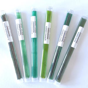 May include: Six transparent glass rods in various shades of green, including Lt. Aventurine, Light, Emerald, Spring, Kelly, and Olive Green. Each rod is labeled with its color and transparency details. The rods are in clear plastic tubes.