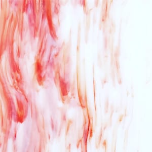 May include: Abstract art piece with a white background and flowing streaks of red, pink, and orange hues. The colors blend and create a dynamic, textured effect, resembling brushstrokes or flowing liquid.