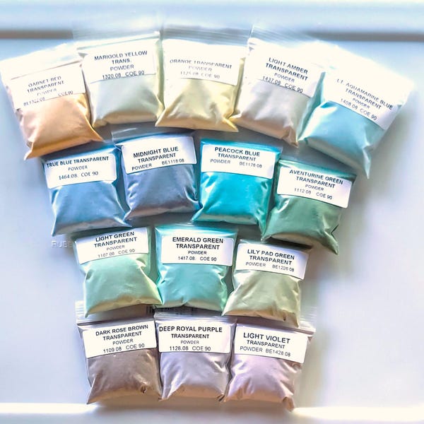 TRANSPARENT POWDER FRIT -"Imagine It" Sample Set.*15 colors/1 oz. per color. Bullseye Glass Coe 90. Experiment with new colors with this set