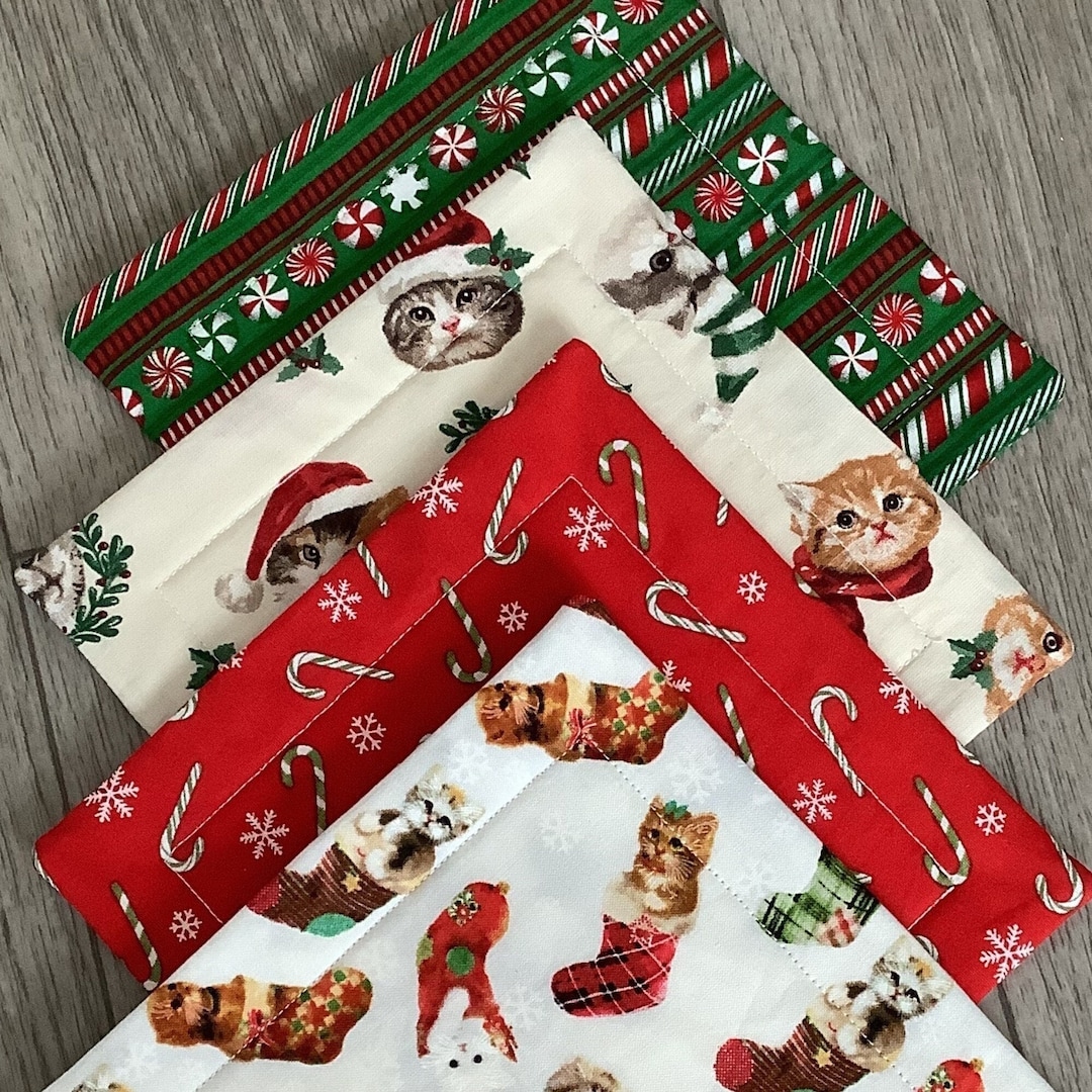 Christmas Cat Fabric Coaster Set Mug Mats Cat Coasters Cute Etsy