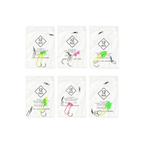 May include: Six clear plastic bags of fishing rigs, each labeled "12 RIGS." The bags contain various fishing hooks, floats, and swivels. The floats are in bright colors like yellow, green, and pink. The text "PRECISION & INSTRUCTION @BEEZSOUTHRIGS" is visible.