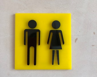 Man and Woman Toilet Door Sign / Yellow and Black Acrylic Modern Simple Bathroom WC Symbol Design / Unisex sign for Home or Business