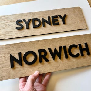 May include: Two rectangular wooden signs, one reading "SYDNEY" and the other "NORWICH", in bold black letters. The signs have a light brown wood grain finish. One sign is held by a hand. The background is white.