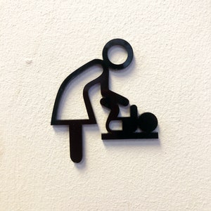 May include: Black and white silhouette of a person holding a baby. The person is bending over and the baby is sitting on a surface. This is a symbol for a family restroom.