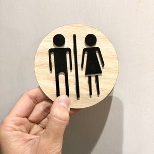 Modern Wood & Black Acrylic Unisex Bathroom Sign