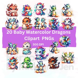 20 Baby Watercolor Dragons Cliparts PNGs 300 DPI