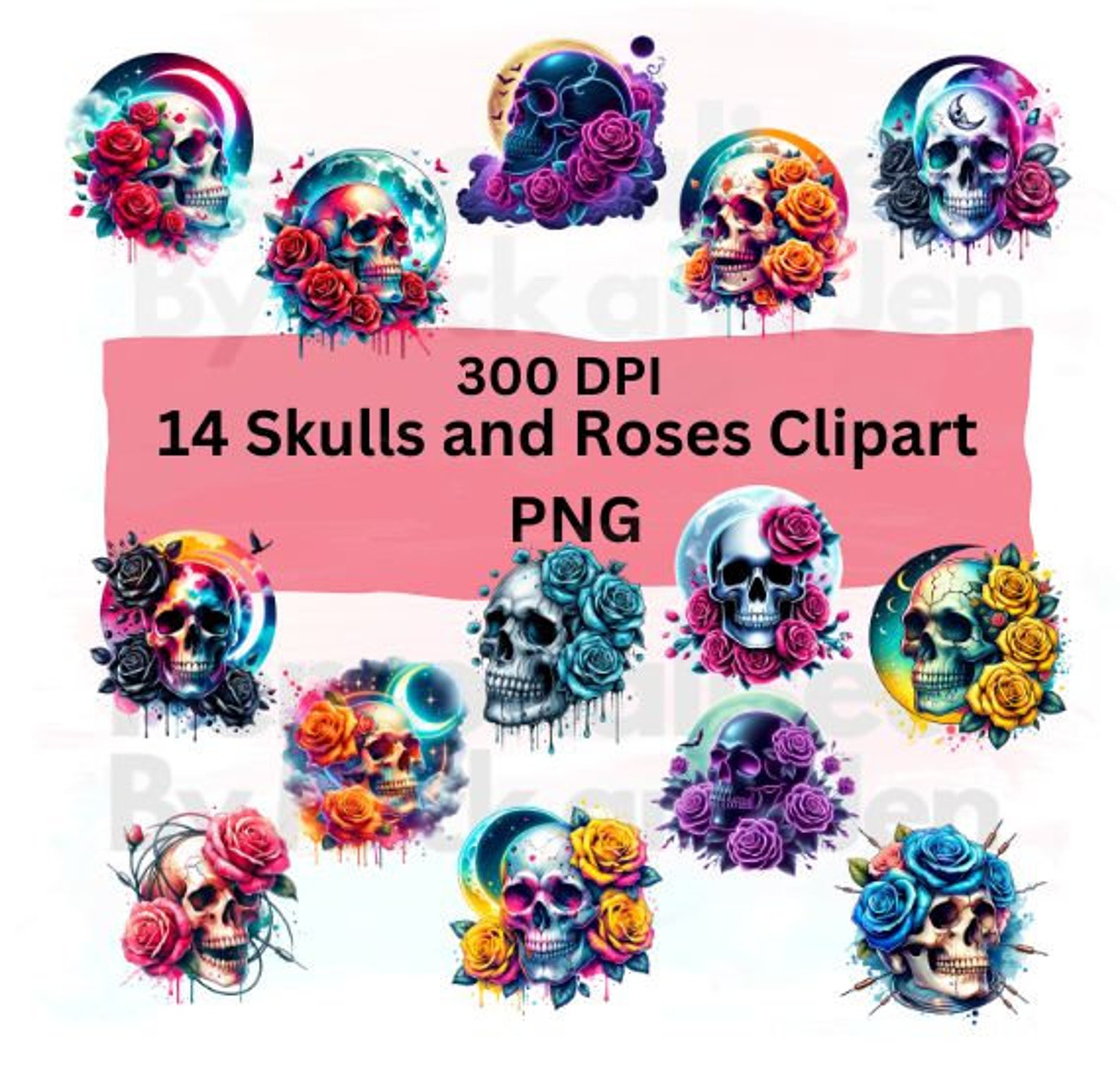Skull And Roses Graph 14 Skulls and Roses Clipart Png Bundle 300 DPI - Etsy
