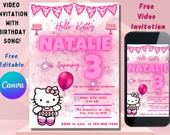 Pink Kitty Girl First Birthday, Phone invitation, Animated birthday invitation, Digital invitation, Video Invitation Birthday