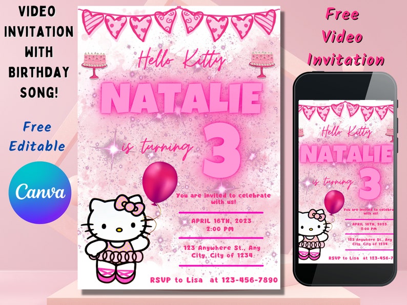 Pink Kitty Girl First Birthday, Phone Invitation, Animated Birthday