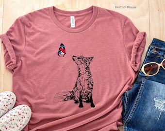 Chemise renard et papillon, coton biologique, haut nature, t-shirt végétalien, tee graphique dessiné à la main, chemises ajustées douces pour femmes