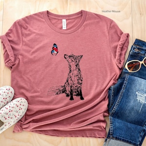 Fox and Butterfly Shirt, Organic Cotton, Nature Top, Vegan Friendly T-shirt, Hand Drawn Graphic Tee, Soft Fitted Shirts for Women