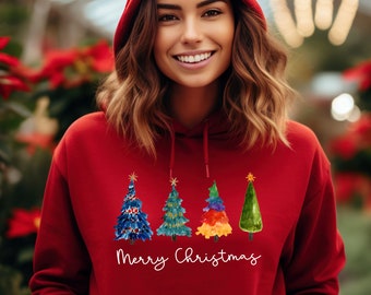 Merry Christmas Hoodie, Christmas Hoodies, Christmas Jumper, Christmas Jumpers For Women, Xmas Jumper, Colourful Tree 3 (Hoodie)