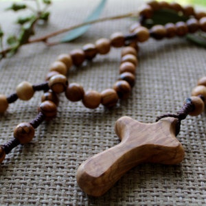 9-10mm Beads, Olive Wood Cross Beaded Necklace, Handmade Smooth Round Prayer Beads, Holy Land Gift for Her, Rosary Necklace Christian Gift