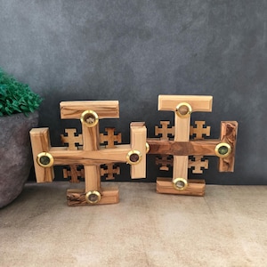 A Pair of 4.3&quot; Jerusalem Crosses Made of Olive Wood in Jerusalem The Holy Land, Perfect Wooden Wall Cross for a New Home or fReligious Gift.
