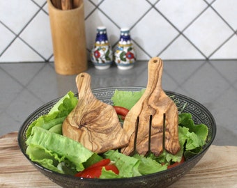 Handmade Olive Wood Salad Servers: Rustic Kitchen Utensil Set
