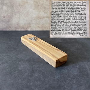 5.5&quot; / 14cm Olive Wood Mezuzah with Silver Shin & a Scroll - Handcrafted Jewish Door Blessing - Perfect Housewarming Gift
