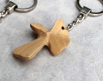 Olive Wood Cross Keychain - Christian Keychain Carved Made in Jerusalem Holy Land, Authentic Hand Made Olive Wood Cross Unique Keychain
