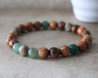 Handcrafted Olive Wood Jasper Bracelet with Green Jade Beads
