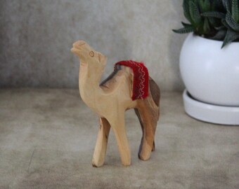 Olive Wood Camel Statue Hand Carved in Holy Land Figurine Red Saddle. Hand Made in Holy Land Jerusalem, 9x8 centimeters