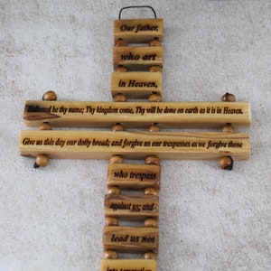 Handmade Olive Wood Cross of The Lord&#39;s Prayer, Our Father Lord&#39;s Prayer engraved, Wooden Crucifix from the Holy Land