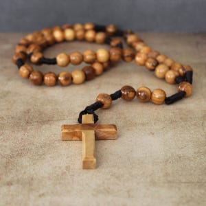 9-10mm Olive Wood Beads Necklace Rosary - Catholic Rosary 59 Beads, Authentic Olive Wood Rosary Made in the Holy Land