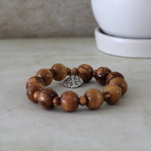 Get Two Handmade Olive Wood Round Beads Bracelet and Jerusalem cross icon From the Holy Land, Luck & Safekeeping Spiritual Gift